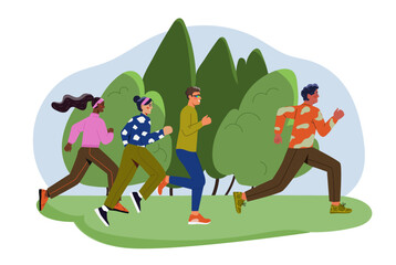Obraz na płótnie Canvas People at summer camping concept. Man and woman run at forest. Travel and trip, tourists at nature. Marathon and sprint runners. Active lifestyle and sport. Cartoon flat vector illustration