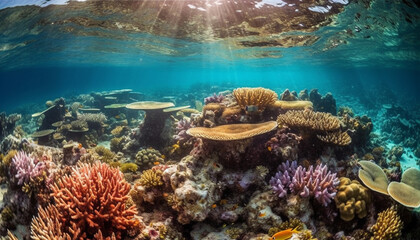 Naklejka na ściany i meble Vibrant underwater seascape showcases nature beauty in multi colored aquatic animal life generated by AI