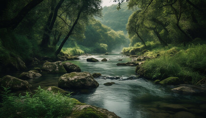 Tranquil scene of a mountain range with flowing water and foliage generated by AI