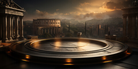 Ancient Rome, old stone podium with ancient rome city in the background. - obrazy, fototapety, plakaty