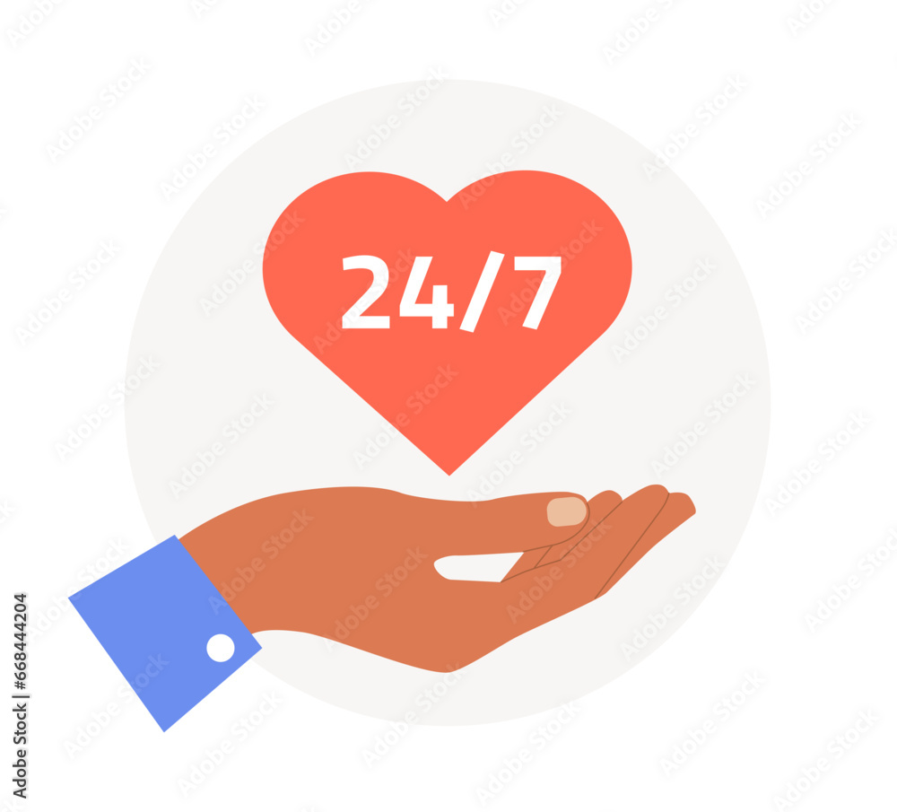 Poster customer support concept. hand with heart with 24 to 7 time. technical consultation and assitance. t