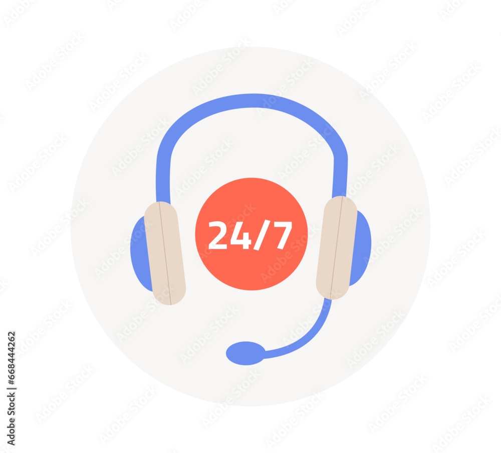 Poster customer support concept. headphones with round with 24 to 7 time. technical consultation and assita