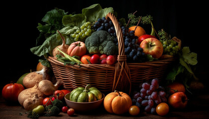 Obraz na płótnie Canvas Autumn harvest still life organic vegetables, fruits, and gourds arranged generated by AI