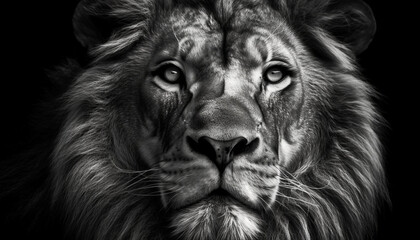 Majestic lion staring with focus on foreground, black and white portrait generated by AI