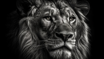 Majestic lion staring at camera, dangerous hunter in monochrome portrait generated by AI