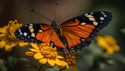 Vibrant monarch butterfly perching on yellow blossom in tropical climate generated by AI