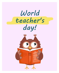 Teachers day postcard. Owl with open book, fiction and textbook. Wisdom, knowledge and information. School and university. Graphic element for website. Cartoon flat vector illustration