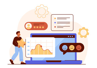 User experience concept. Man near graphs and diagrams. Front end developer with mobile application. IT specialist and programmer. Software development and testing. Cartoon flat vector illustration