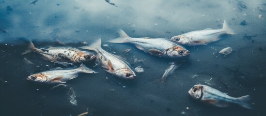 Water pollution causes the death and poisoning of small fish resulting in toxic emissions that harm the aquatic environment - obrazy, fototapety, plakaty