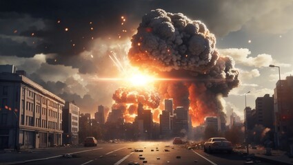 An illustration depicting the catastrophic impact of a nuclear bomb explosion in a city, portraying a grim vision of the end of the world. This serves as a stark representation of the concept of nucle - obrazy, fototapety, plakaty