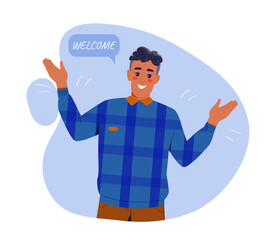 Man with welcome inscription. Happy young guy glad to see newcomer at workplace. Emotions, gestures and facial expressions. Graphic element for website. Cartoon flat vector illustration