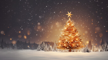 Fototapeta na wymiar Golden Christmas tree in snow.