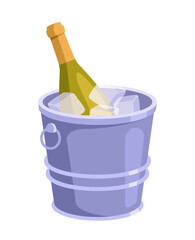 Wine production set. Bucket with ice and bottle of alcoholic drink. Beverage and tasty liquid. Template and layout. Cartoon flat vector illustration isolated on white background
