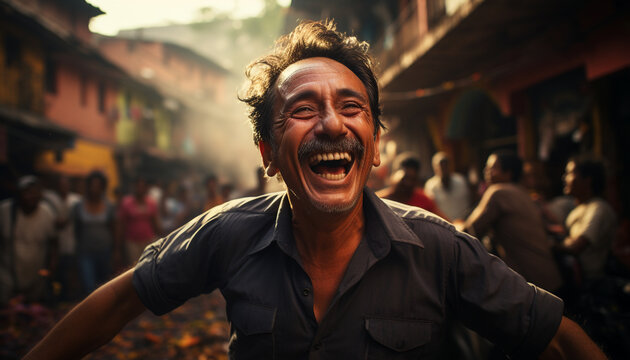 African man smiling, looking at camera, enjoying city nightlife generated by AI