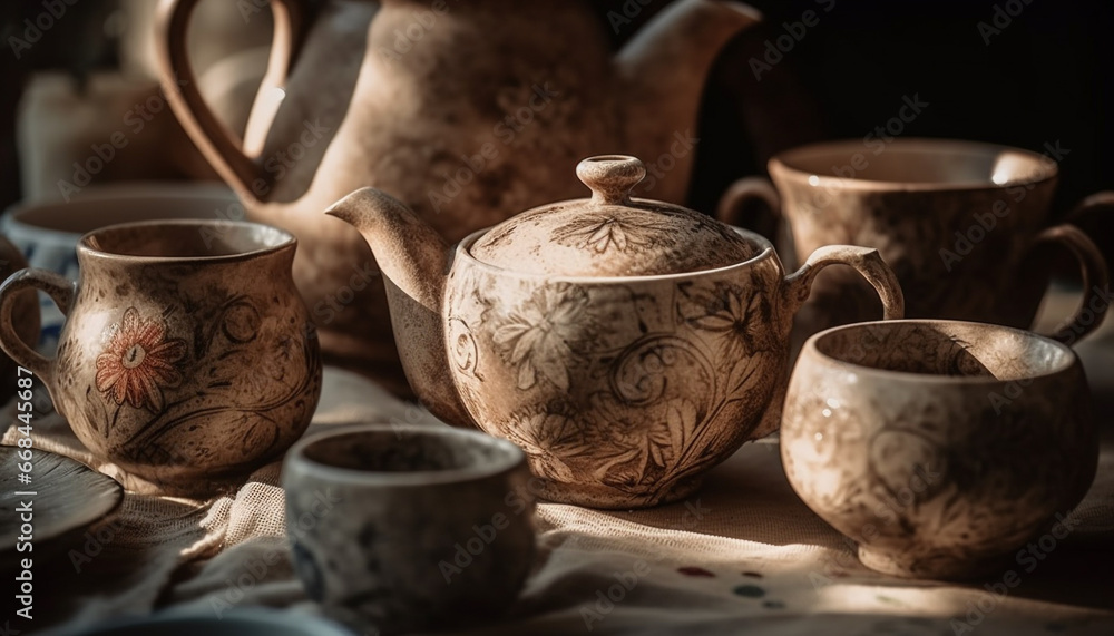 Poster rustic earthenware teapot set on wooden table with ornate handle generated by ai