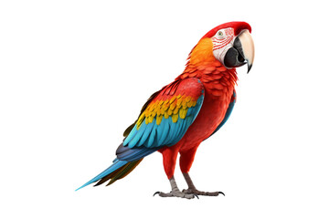 side view full body of scarlet red macaw bird standing isolated on a transparent background. Generative AI
