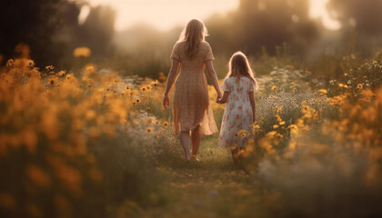Mother and daughter walking in meadow, enjoying autumn beauty generated by AI