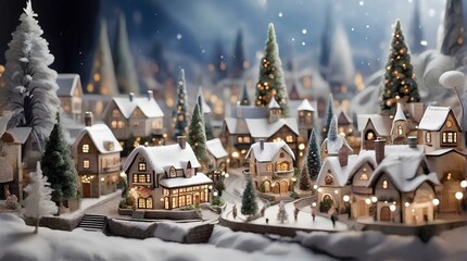 雪降るクリスマス。雪が積もるミニチュアの街。背景素材｜Snowy Christmas. A miniature town covered in snow. background material. Generative AI