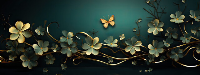 Serene nature scene with golden flowers, accentuated by a delicate butterfly against a teal backdrop. Festive St. Patrick's Day 
