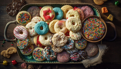 Fototapeta premium Multi colored cookie collection on rustic wood table, indulgent sweetness generated by AI