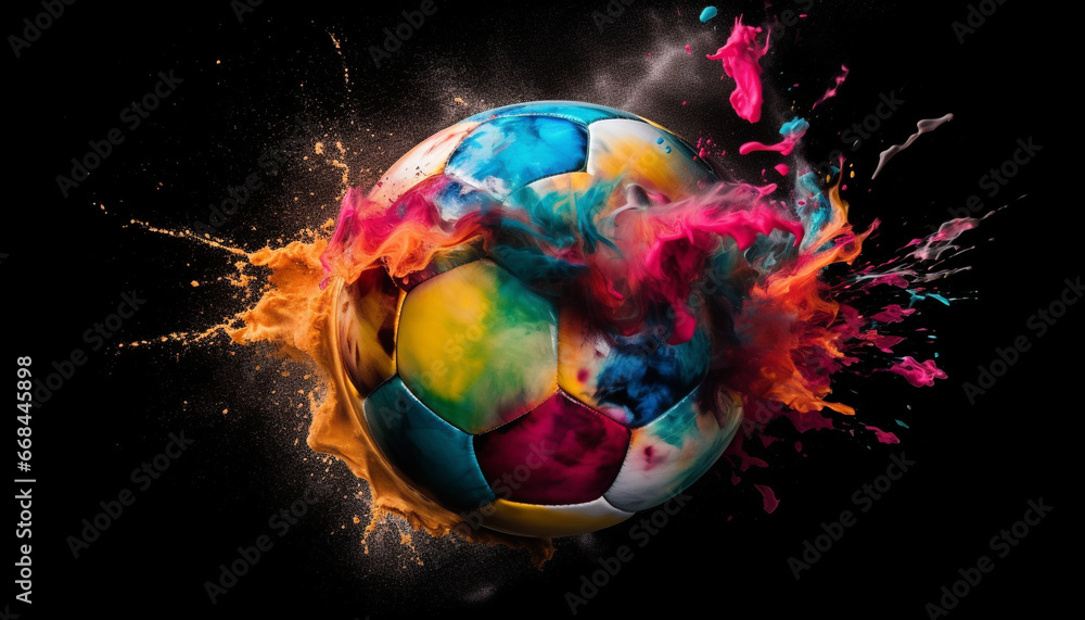 Poster abstract sphere exploding in multi colored flames, a fiery natural phenomenon generated by ai