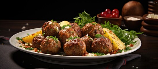 Meatballs and fried potatoes plated together