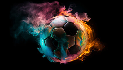 Soccer ball on fire, motion and heat create abstract design generated by AI