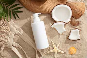 An unlabeled lotion pump bottle placed in a Mediterranean-inspired setting with props like starfish, seashells, fresh coconuts, and hats. Scene designed for cosmetic advertising.