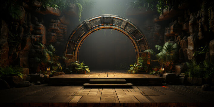 Ancient Aztec Cave Product Display Podium With Stairs And Jungle Background.