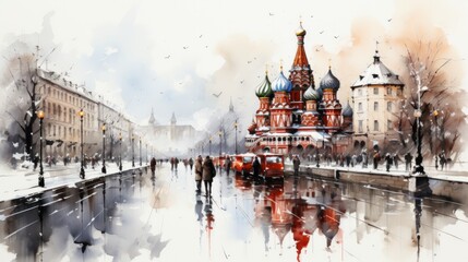 Obraz premium Splendid winter panorama of Moscow city with St. Basil's Cathedral on the snowy riverbank.