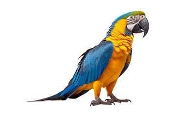 side view full body of blue and yellow macaw bird standing isolated on a transparent background. Generative AI - obrazy, fototapety, plakaty