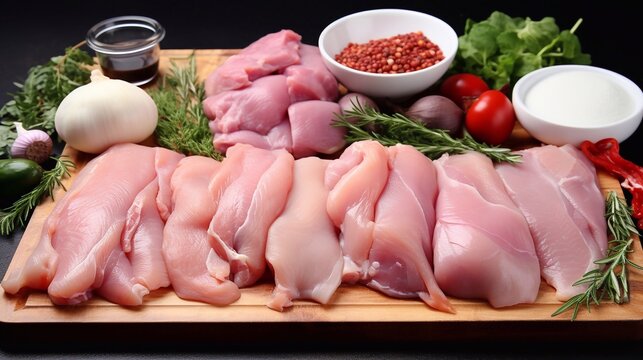 A photo of Raw chicken fillet with ingredients for cooking on a wooden board. Generative AI