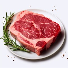 Fototapeta premium A picture of Raw T bone steak with rosemary and peppercorns on white background Generative AI