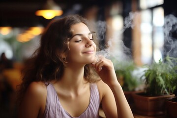 Fototapeta premium A picture of Young woman with cup of coffee in cafe, on color background. Generative AI