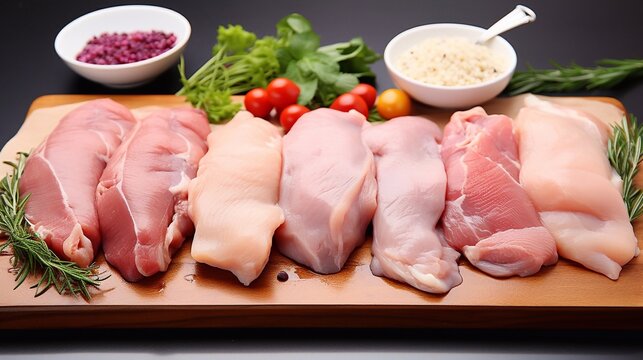 A picture of Raw chicken fillet with ingredients for cooking on a wooden board. Generative AI