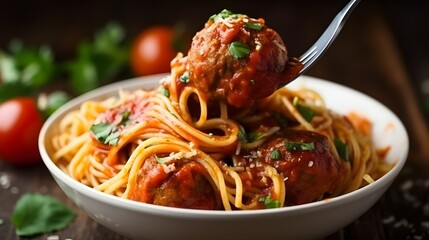 Spaghetti and meatballs with tomato sauce in white dish on wooden rustic board, Italian food closeup and top view. - obrazy, fototapety, plakaty