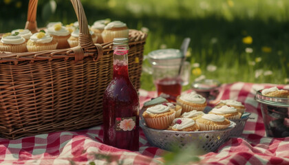 Summer picnic indulgence gourmet food, fresh fruit, and organic wine generated by AI