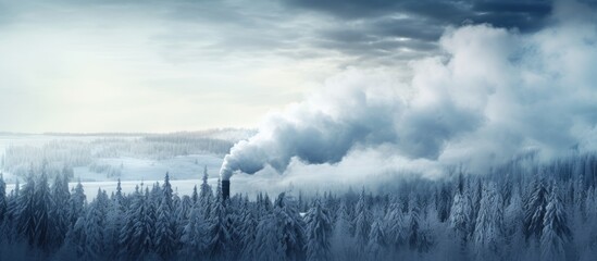Smoke from heating sources and industry polluting winter forest