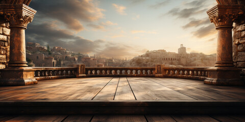 Ancient Rome, wooden palace balcony with ancient roman town in the background.