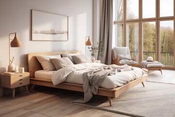 Fototapeta na wymiar Modern bedroom interior with wooden bed and pillows. 3d render Generative AI