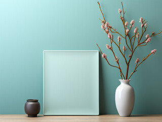 Blank empty picture frame with a plant in modern interior. Empty space for design layout.