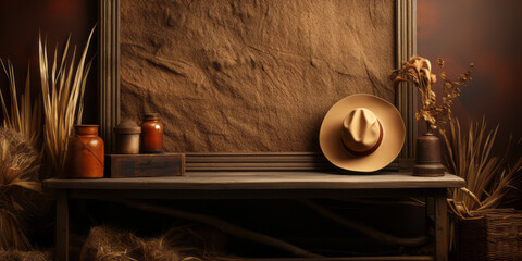 Cowboy interior. Old wooden empty frame background. Empty space.
