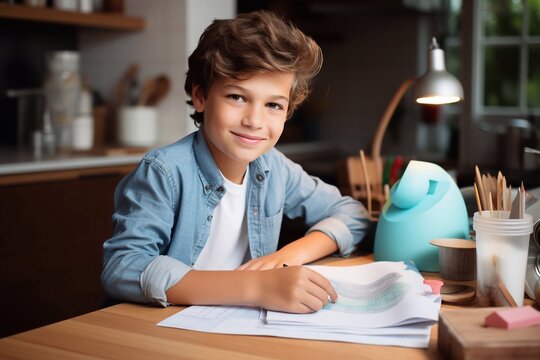 smiling preteen boy doing homework at table in kitchen at home Generative AI