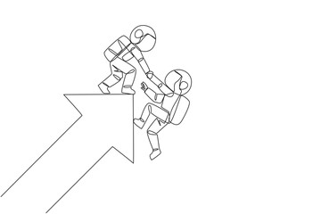 Single continuous line drawing astronaut helps colleague climb the big rising arrow symbol. Compact teamwork. Positive effect on company. Complete work correctly. One line design vector illustration