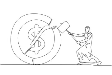 Continuous one line drawing Arab businessman preparing to hit coin with dollar symbol. Failed to get new investor. Failed to get income. Expressing anger. Single line draw design vector illustration