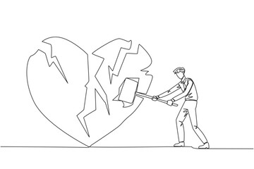 Single one line drawing businessman preparing to hit the big heart. Rampage. Broken heart. Loss of concentration. Emotional feeling. No direction. Angry. Continuous line design graphic illustration