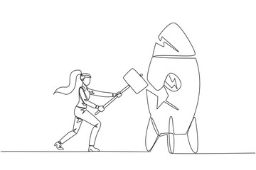 Continuous one line drawing businesswoman preparing to hit a standing rocket. Rampage. Not ready to accept new technology. Not ready for competition. Lost. Single line draw design vector illustration