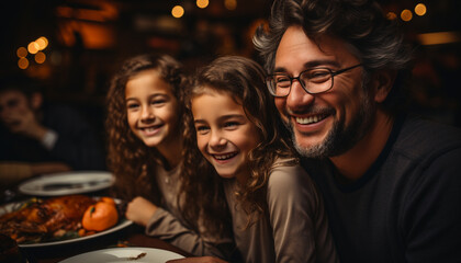 Obraz na płótnie Canvas A joyful family gathering, smiling and enjoying food together generated by AI