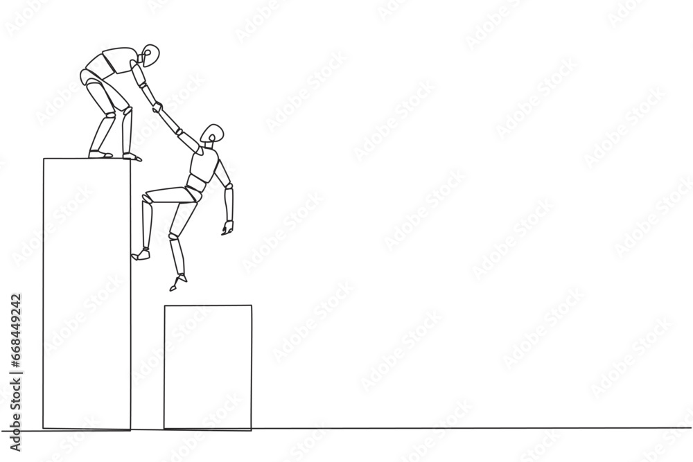 Poster single one line drawing smart robotic helps colleague climb the big bar graph. helps to climb to hig