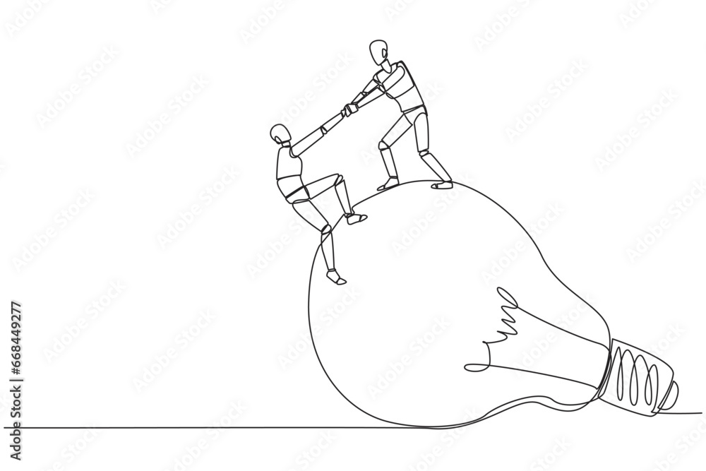 Aufkleber continuous one line drawing smart robot helps colleague climb the big lightbulb. metaphor related to